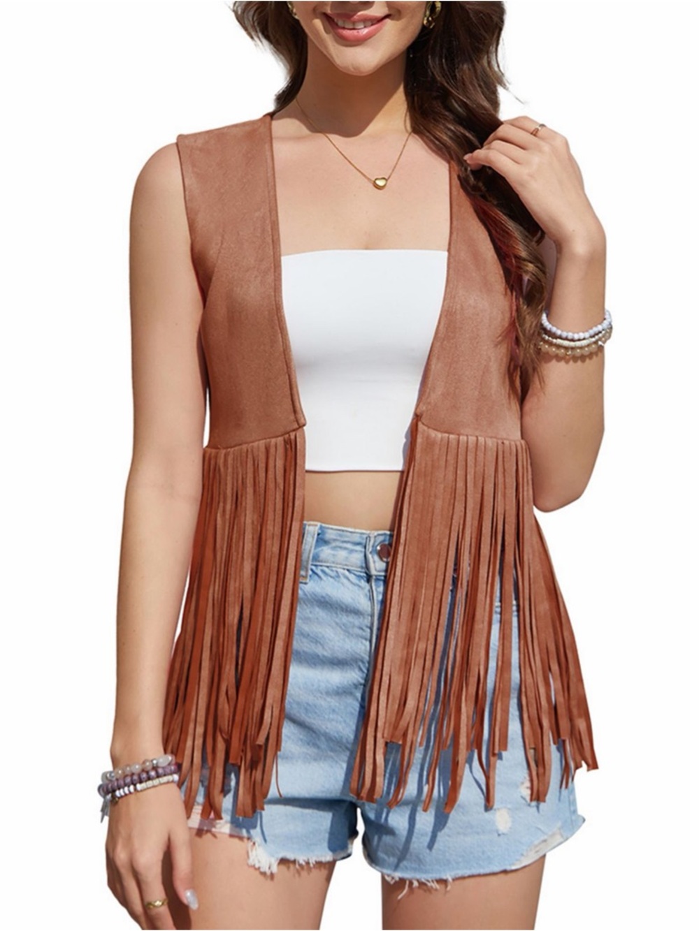 Suede Fringe Vest in Brown